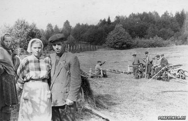 1970 год Сенокос в Подречковье Петухова Анна Степановна и Лодыгины Екатерина Яковлевна и Александр Николаевич