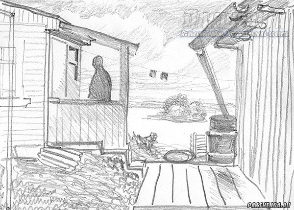 Осенние зарисовки.  Рисунок карандашом, бумага, размер рисунка 10х14 см  Вельский р-н, Пакшеньга, д. Кулаково. Сентябрь 2018 г.